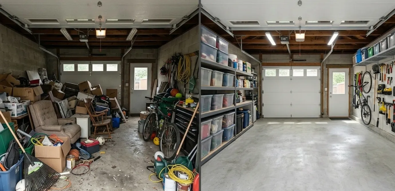 A garage before and after a full cleanout by M & T Property Cleanout